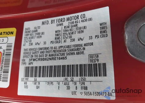 2022 Ford Bronco Sport Big Bend z USA, uszkodzony, nr VIN 3FMCR9B62NRE16465